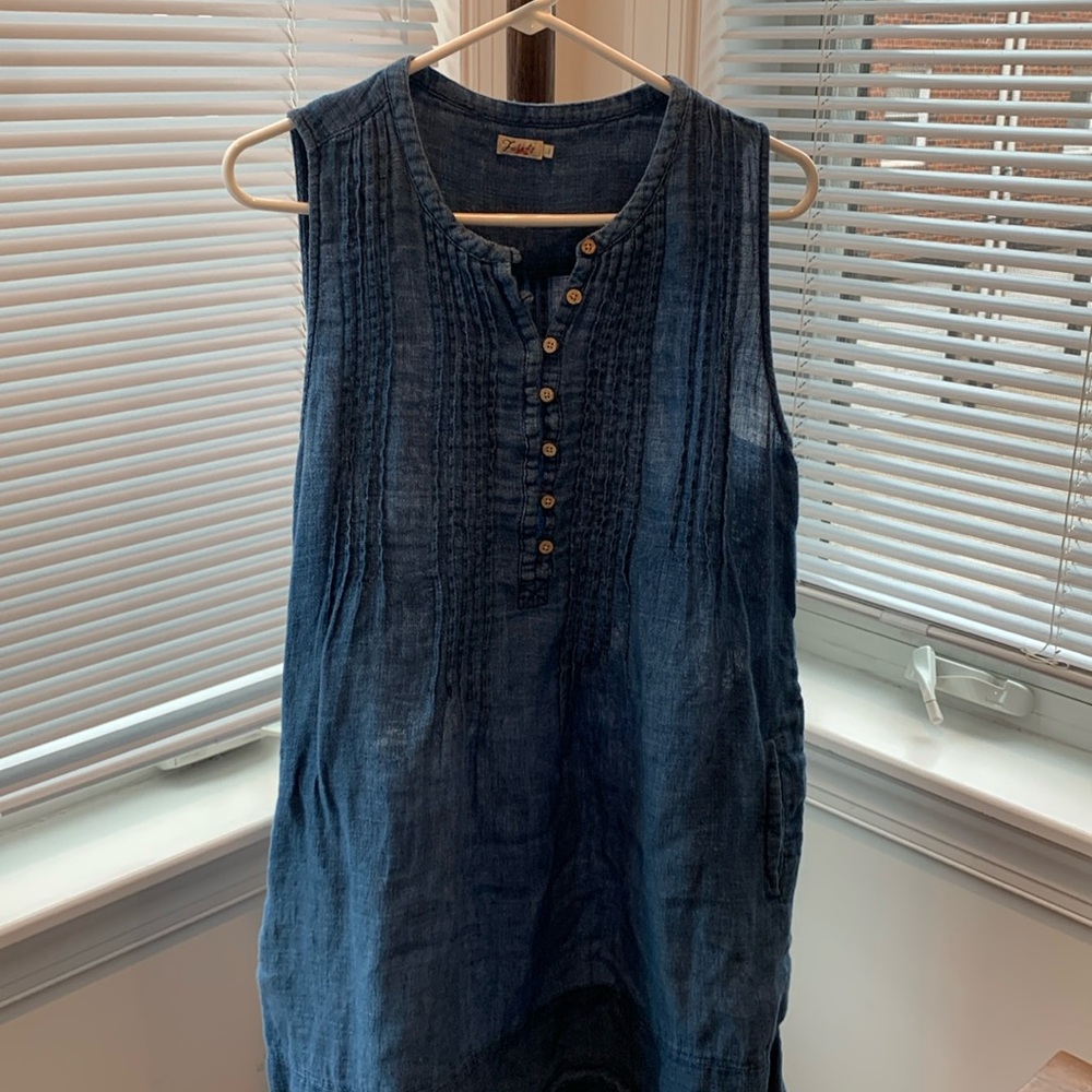 Faherty Isha 100% linen dress blue pin tucks, buttons size L
